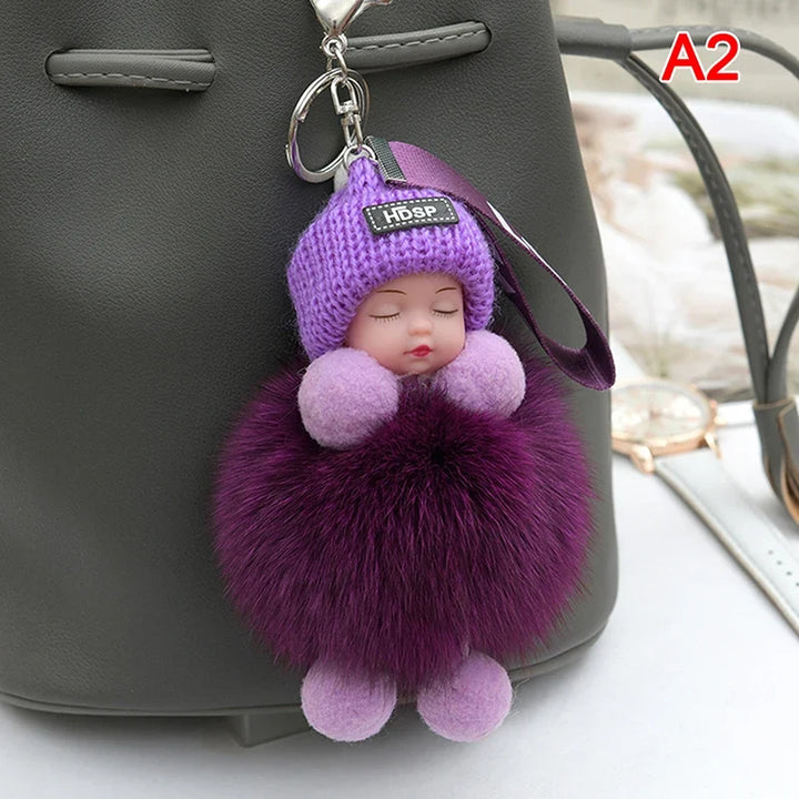 Pompom Sleeping Baby Keychain Plush Bag Charm Cute Gift