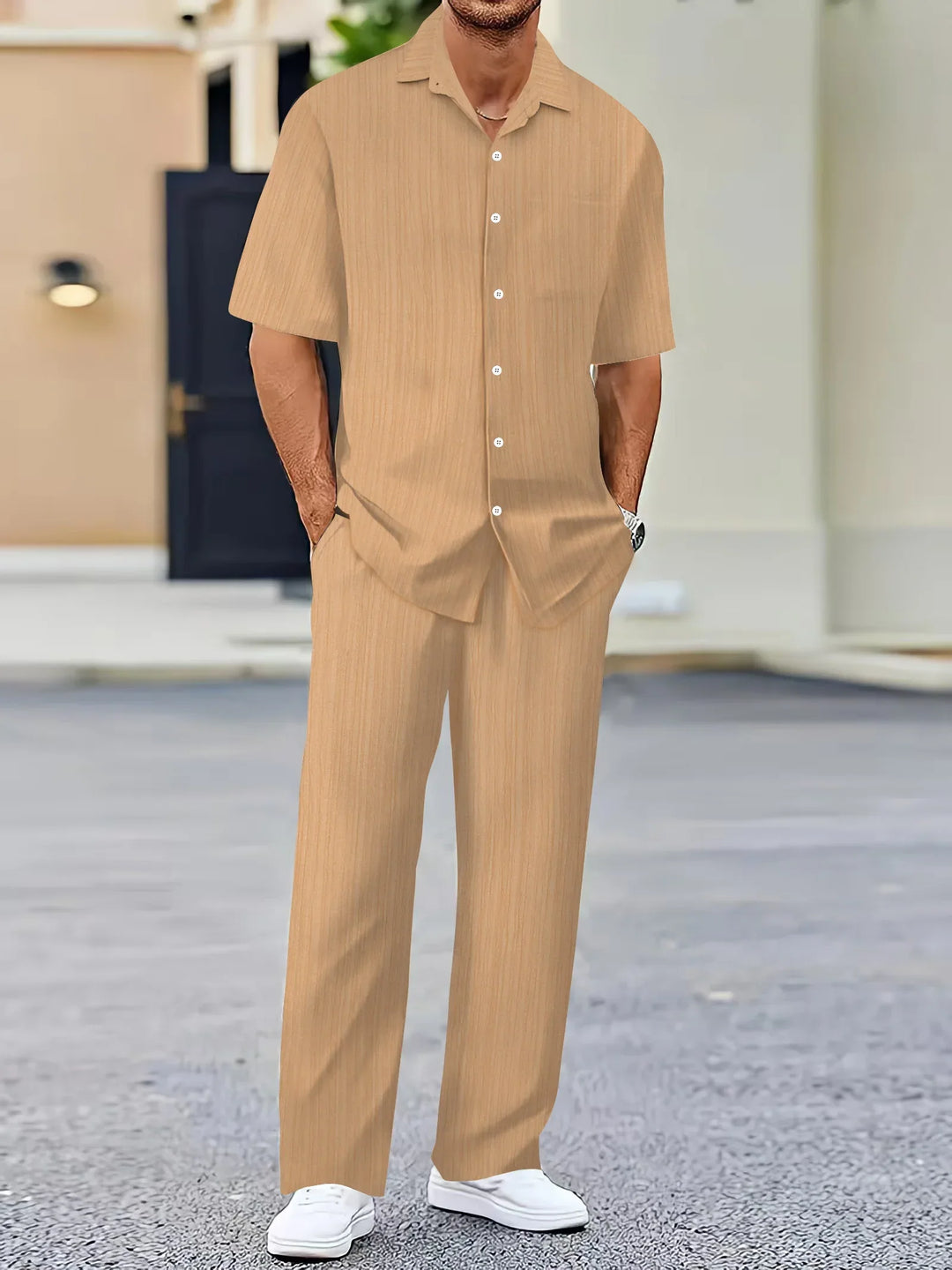 Lightweight Linen Shirt and Pants Set, Vertical Striped Design, Relaxed Fit for Casual and Semi-Formal Wear