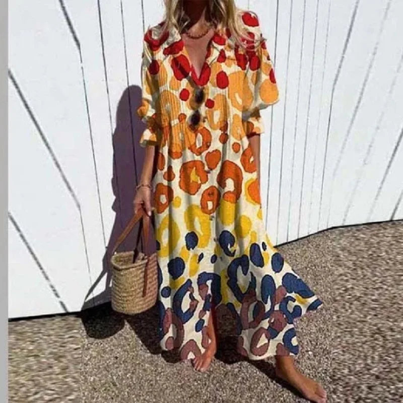 Boho Floral Maxi Dress for Women, Elegant Deep V-Neck Long Dress with Flowy Silhouette, Lightweight Summer Style