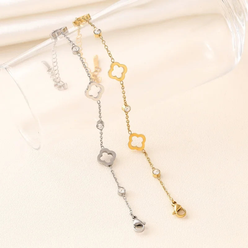 Clover Flower Stainless Steel Bracelet Set Gold Gift