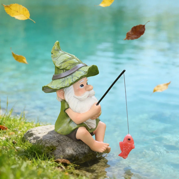 Garden Gnome Fishing Statue Resin Outdoor Ornament Saint Patrick&