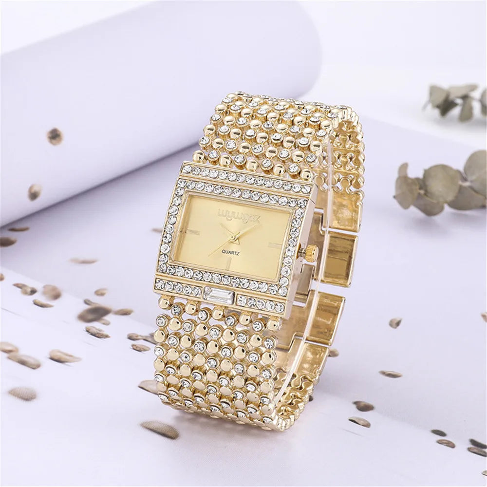 Gold Watch – Diamond Set Square Dial Ladies Quartz Wristwatch, Crystal Band, Fall 2026 Gift Idea