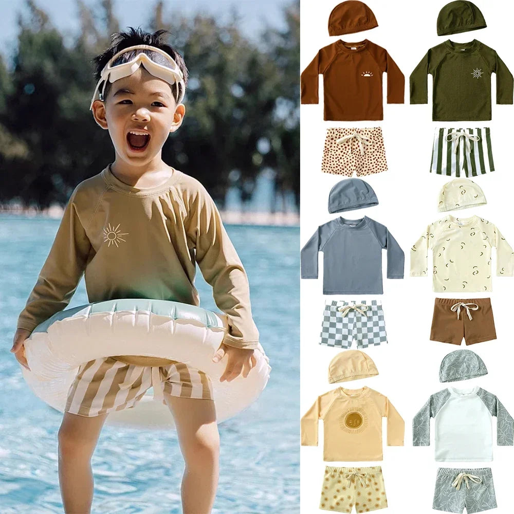 Breathable Kids Rash Guard Swim Set – Long-Sleeve Top, Swim Trousers, Hat, Polyester Elastane, Beach Vacation