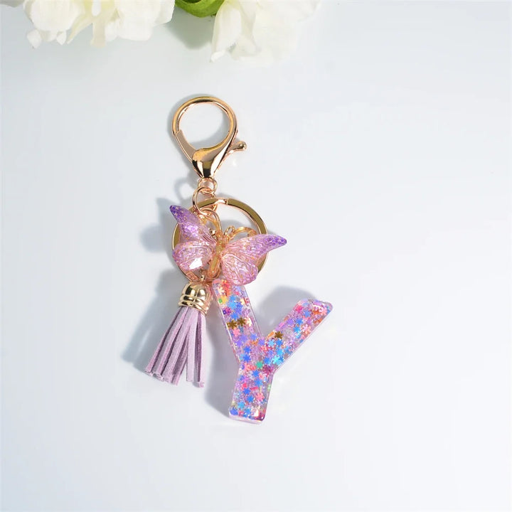 Sequin Letter Keychain With Butterfly Tassel Charm