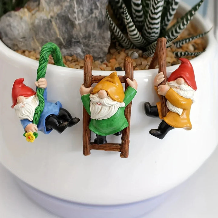 Garden Gnome Ornaments Set - 3pc Hanging Resin Dwarf Figurines For Mini Garden Micro Landscape Decor Outdoor Spring