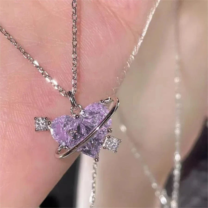 Zircon Pendant Necklace Pink Planet Heart Valentines Day Gift 2026 Aesthetic jewellery