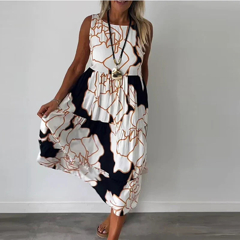 Floral Maxi Dress for Women, Sleeveless Long Dress in Breathable Fabric with Boatneck Neckline and Flattering Fit