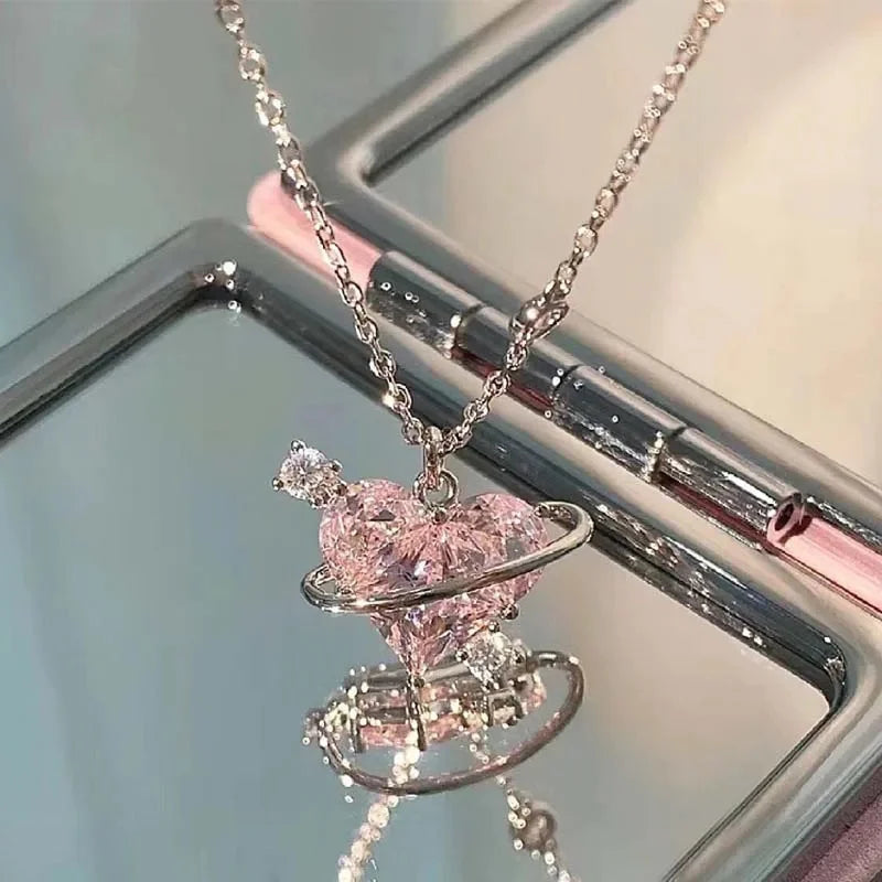 Zircon Pendant Necklace Pink Planet Heart Valentines Day Gift 2026 Aesthetic jewellery
