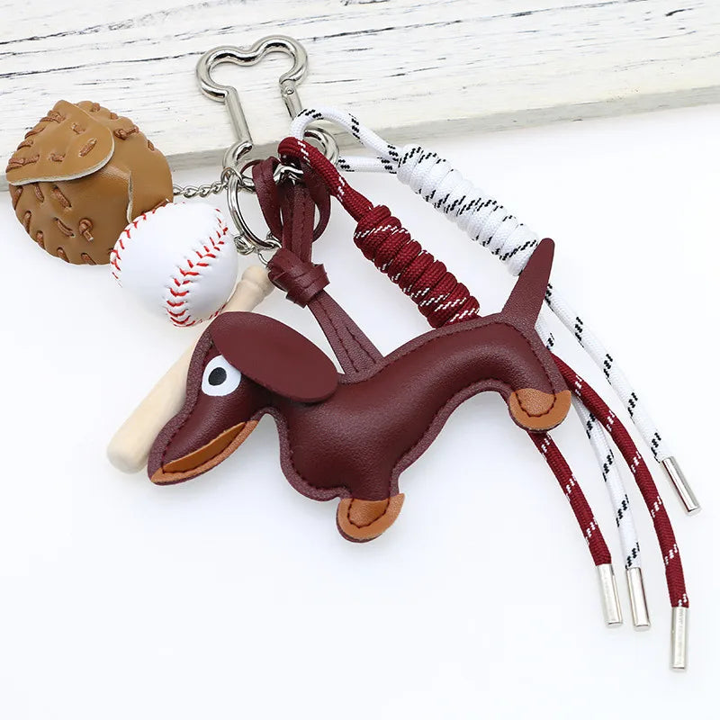 Dachshund Pu Leather Bag Charm Baseball Keychain Gift