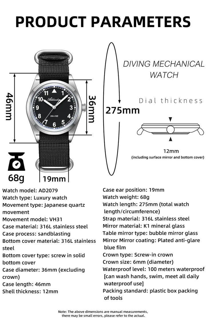 Waterproof Diver Quartz Watch Luminous Hands, Nylon Strap, 100m Water Resistance