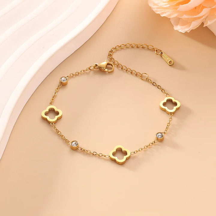 Clover Flower Stainless Steel Bracelet Set Gold Gift