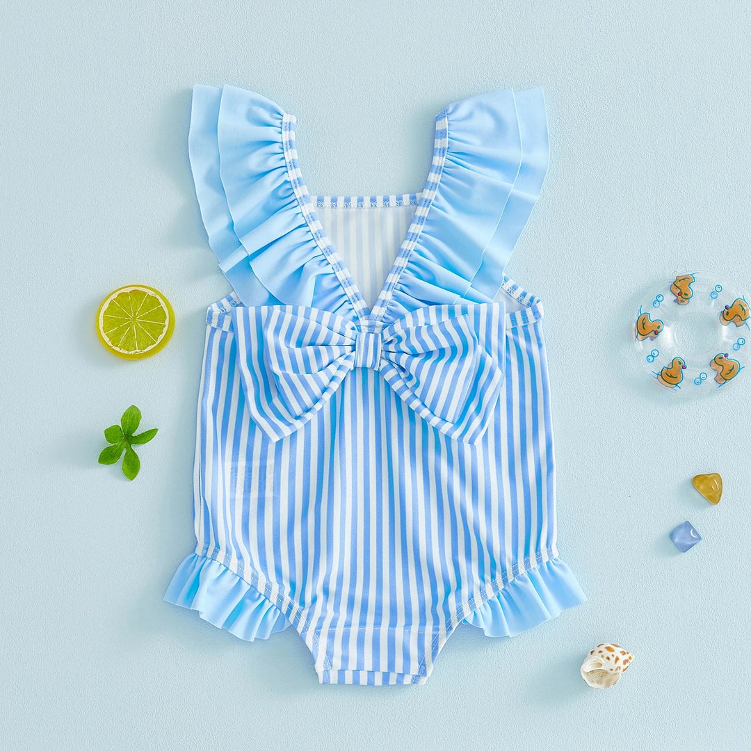 Breathable Baby Girls Swim Romper - Striped Print, Flutter Sleeves, Polyester-Elastane Blend, For Pool and Beach