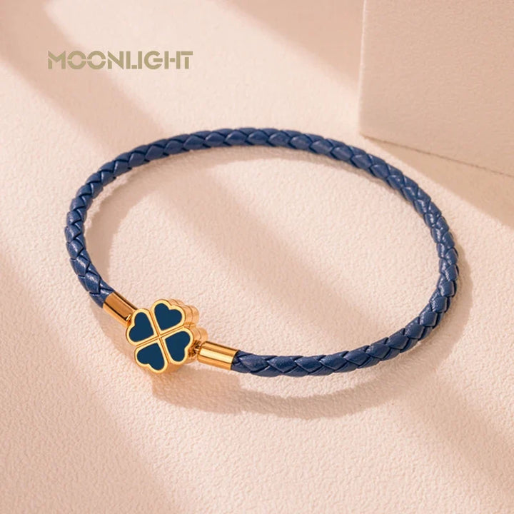 Four Leaf Clover Braided Leather Lucky Bracelet Gift