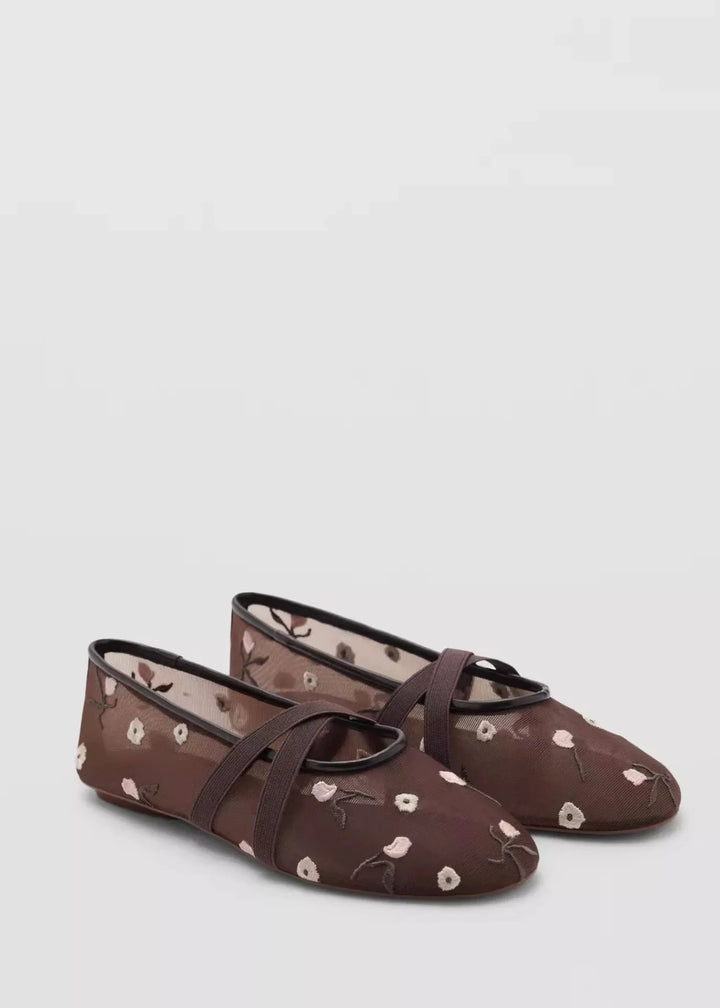 Lightweight Women Ballet Flats - Mary Jane, Embroidered Mesh