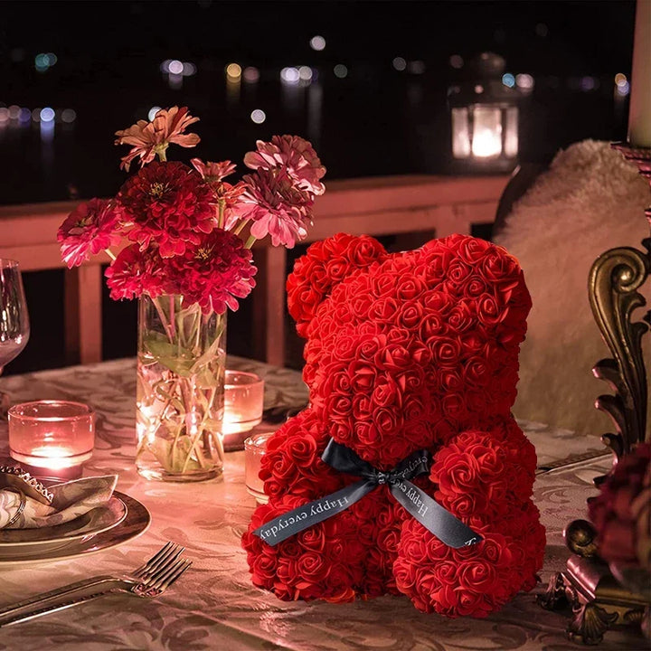Faux Rose Teddy Bear with Gift Box and Lights - Romantic Anniversary or Valentine&