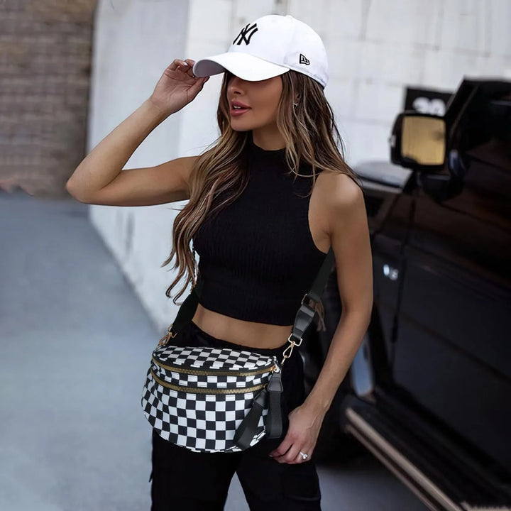 Versatile unisex crossbody bum bag – checkered nylon, box shape, travel and daily use