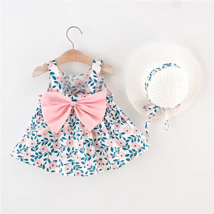 Soft baby girls dress - sleeveless, floral bow-embellished, cotton-polyester blend, for summer outings
