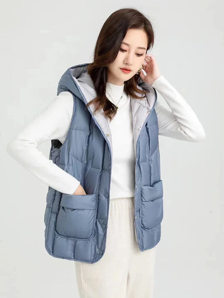 Lightweight Women’s Hooded Down Vest - Quilted Midlength
