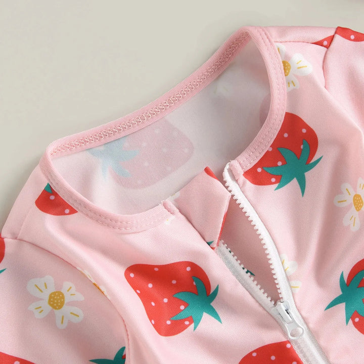 Lightweight infant girl’s swimwear jumpsuit – long-sleeve zipper, flamingo floral print, polyester, for summer
