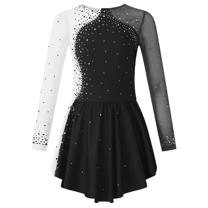 Stretchy girls figure skating dress – long sleeve rhinestone accents, jersey, dance performance costume