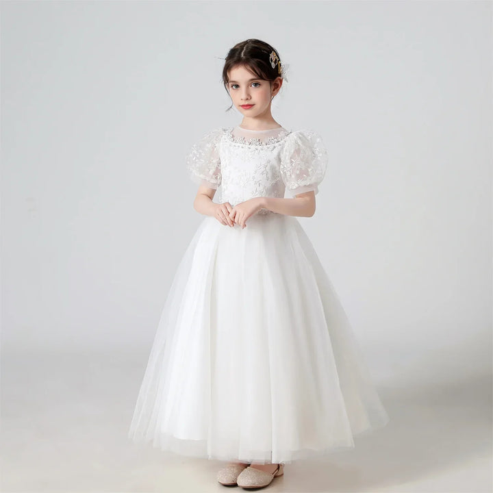 Soft Girls’ Lace-Embroidered Princess Dress - Puff Sleeve, Polyester, For Weddings and Parties