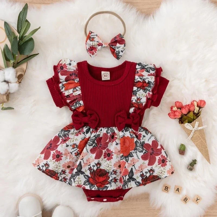 Soft baby girl dress - floral print, bowknot accents, cotton-elastane, summer wear