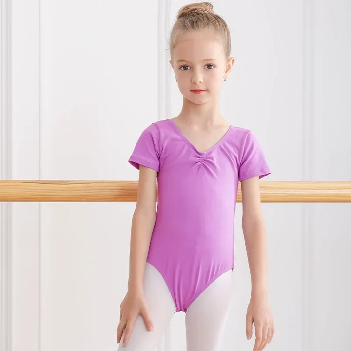 Soft girls ballet leotard - drawstring neckline, ruched front, cotton knit, for dance class