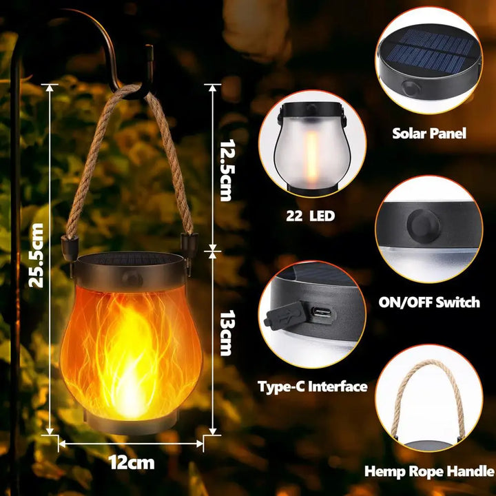 Solar Lantern Lights with Flickering Flame Effect for Outdoor Garden and Patio Decor, Dual Charging Modes, Waterproof Design