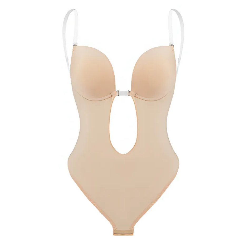 Low-Cut Seamless Black Shapewear Bodysuit with Adjustable Straps and Built-in Bra Pillow for Enhanced Support