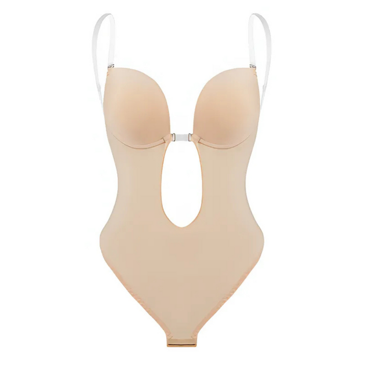 Low-Cut Seamless Black Shapewear Bodysuit with Adjustable Straps and Built-in Bra Pillow for Enhanced Support