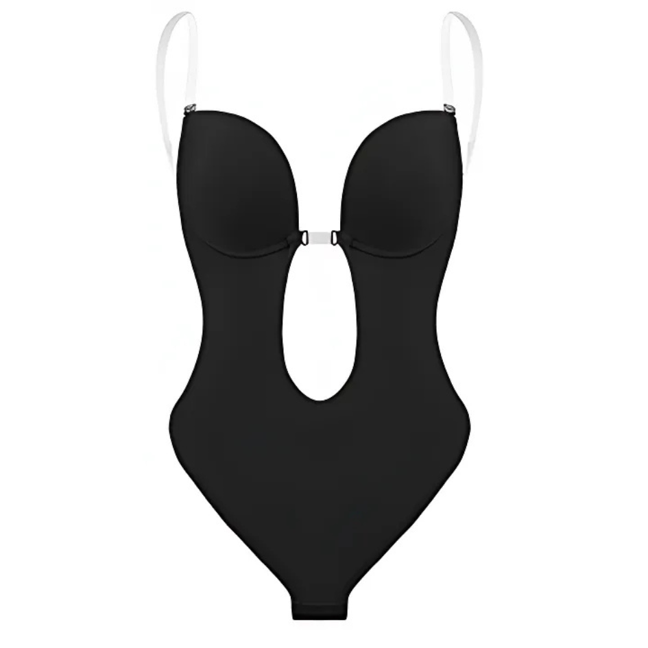 Low-Cut Seamless Black Shapewear Bodysuit with Adjustable Straps and Built-in Bra Pillow for Enhanced Support