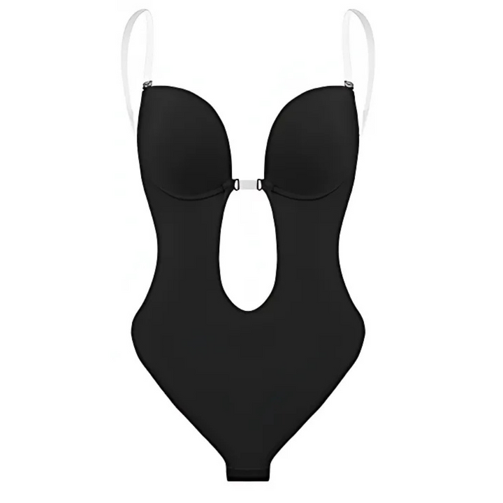 Low-Cut Seamless Black Shapewear Bodysuit with Adjustable Straps and Built-in Bra Pillow for Enhanced Support