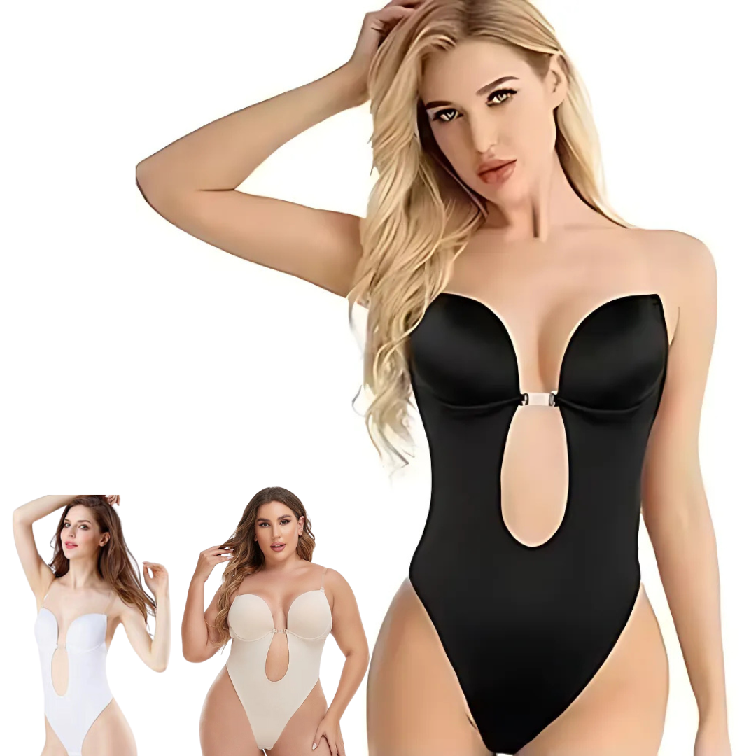 Low-Cut Seamless Black Shapewear Bodysuit with Adjustable Straps and Built-in Bra Pillow for Enhanced Support