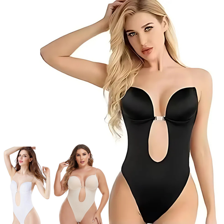 Low-Cut Seamless Black Shapewear Bodysuit with Adjustable Straps and Built-in Bra Pillow for Enhanced Support