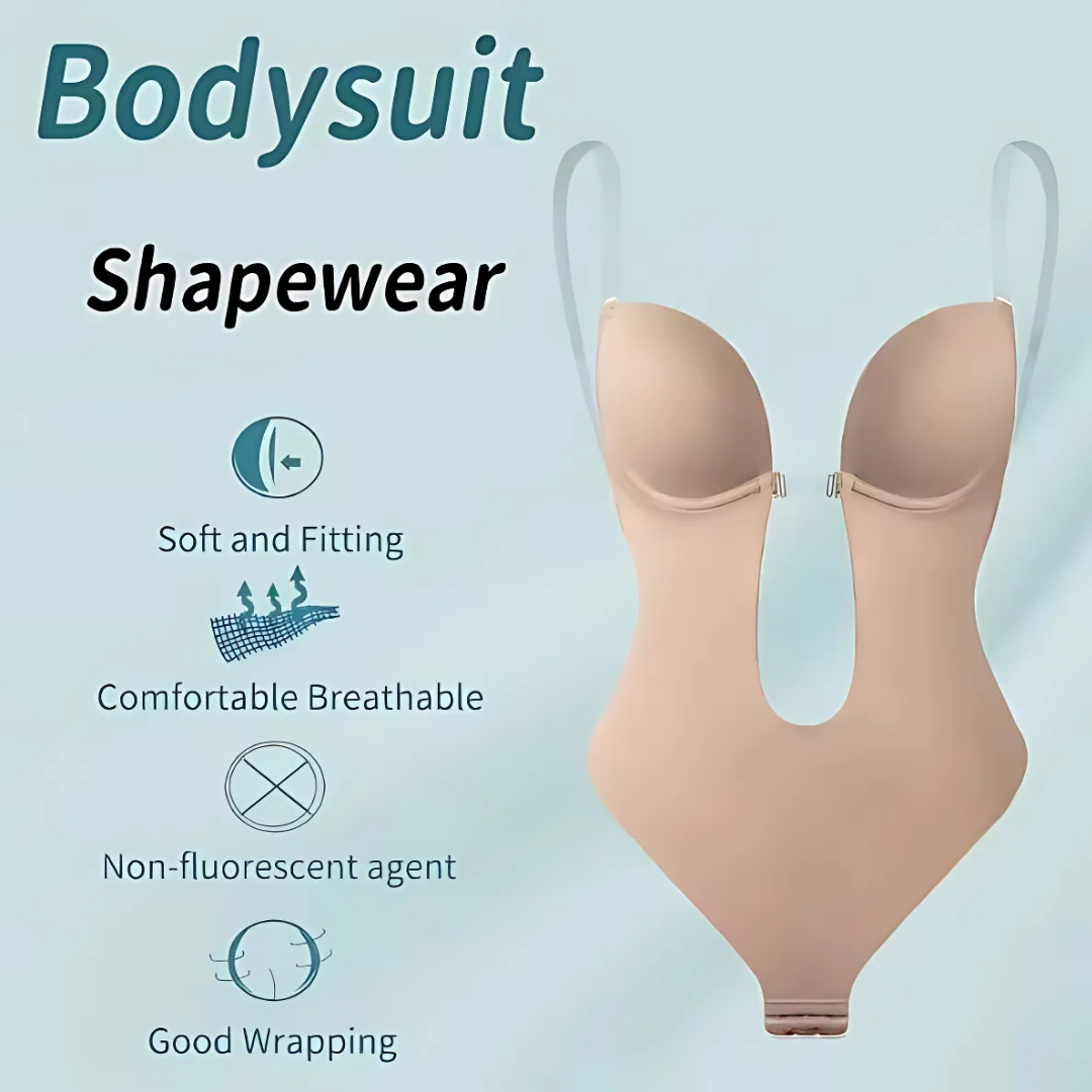Low-Cut Seamless Black Shapewear Bodysuit with Adjustable Straps and Built-in Bra Pillow for Enhanced Support
