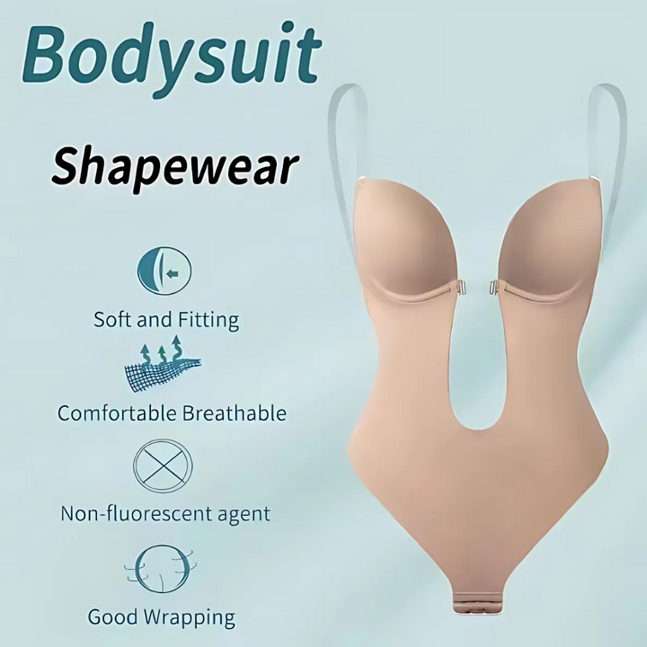 Low-Cut Seamless Black Shapewear Bodysuit with Adjustable Straps and Built-in Bra Pillow for Enhanced Support