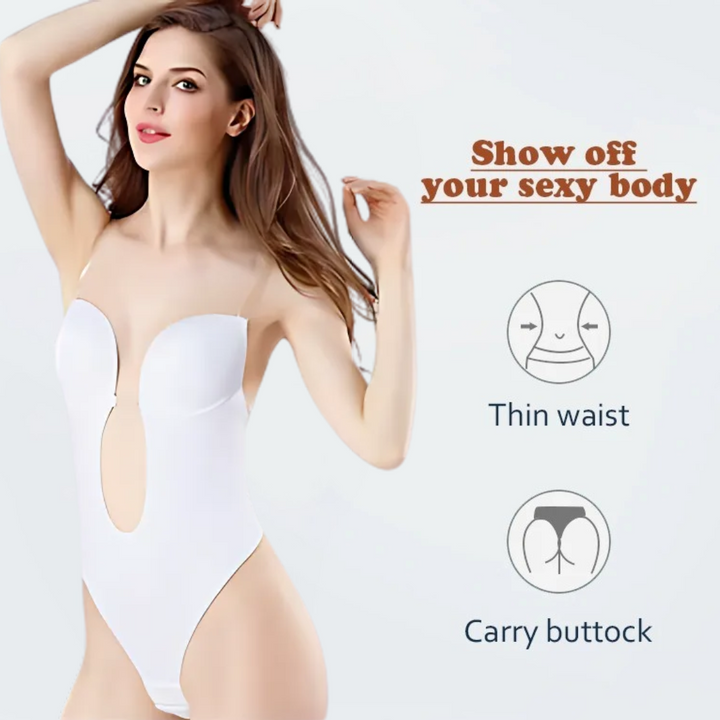 Low-Cut Seamless Black Shapewear Bodysuit with Adjustable Straps and Built-in Bra Pillow for Enhanced Support