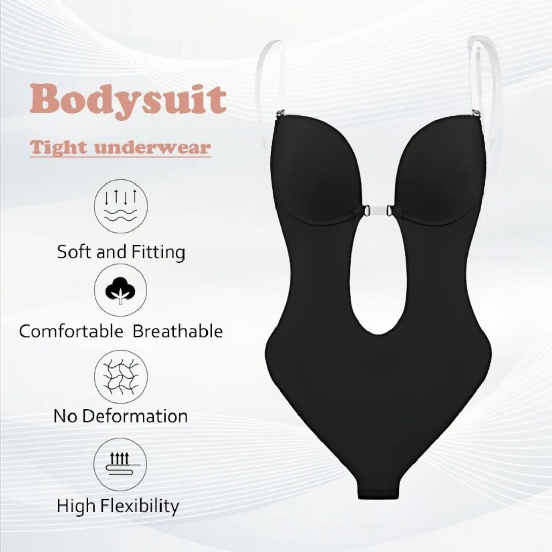 Low-Cut Seamless Black Shapewear Bodysuit with Adjustable Straps and Built-in Bra Pillow for Enhanced Support