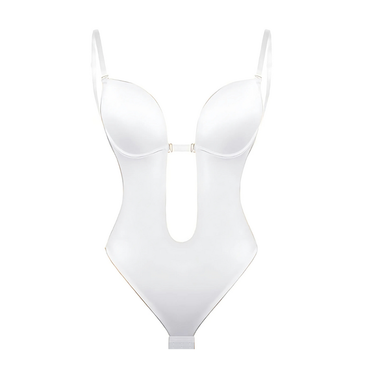 Low-Cut Seamless Black Shapewear Bodysuit with Adjustable Straps and Built-in Bra Pillow for Enhanced Support