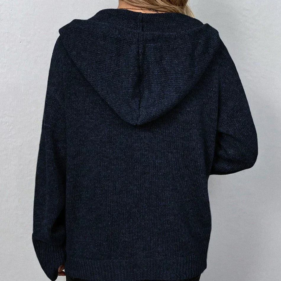Oversized Women Cardigan - Hooded Button, Textured Knit