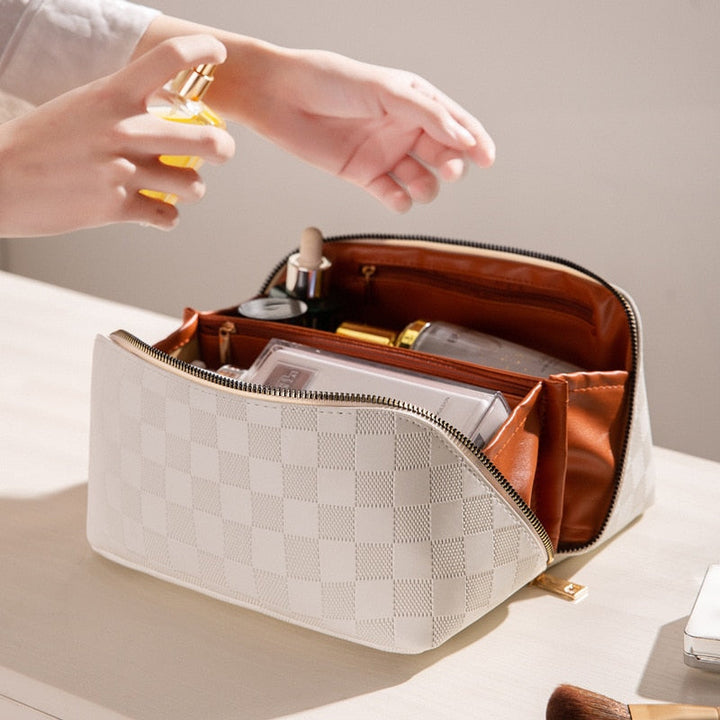 Waterproof women’s travel toiletry bag – spacious plaid design, durable materials, for beauty essentials
