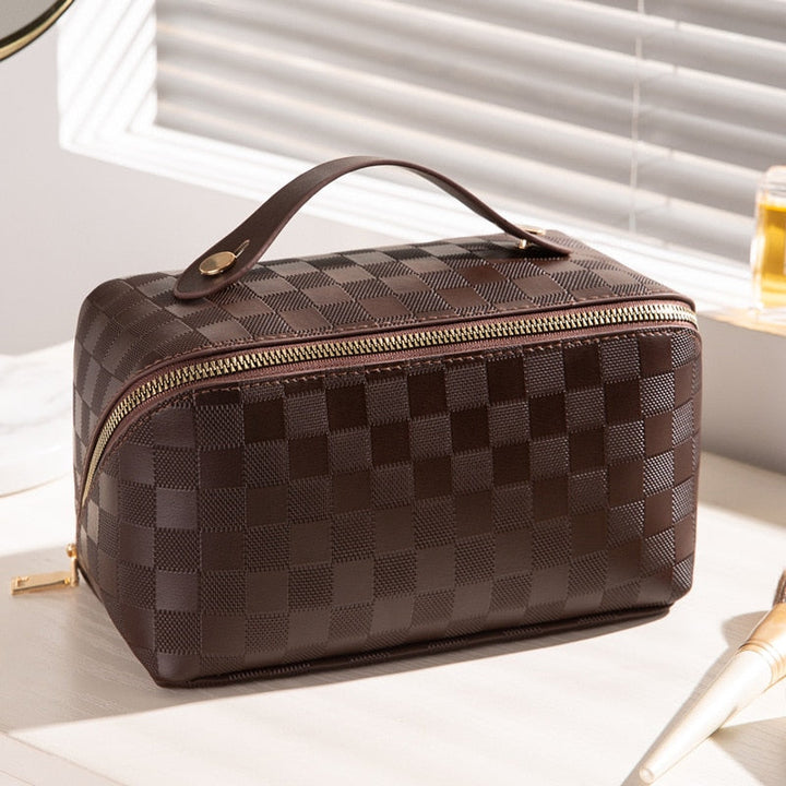 Waterproof women’s travel toiletry bag – spacious plaid design, durable materials, for beauty essentials