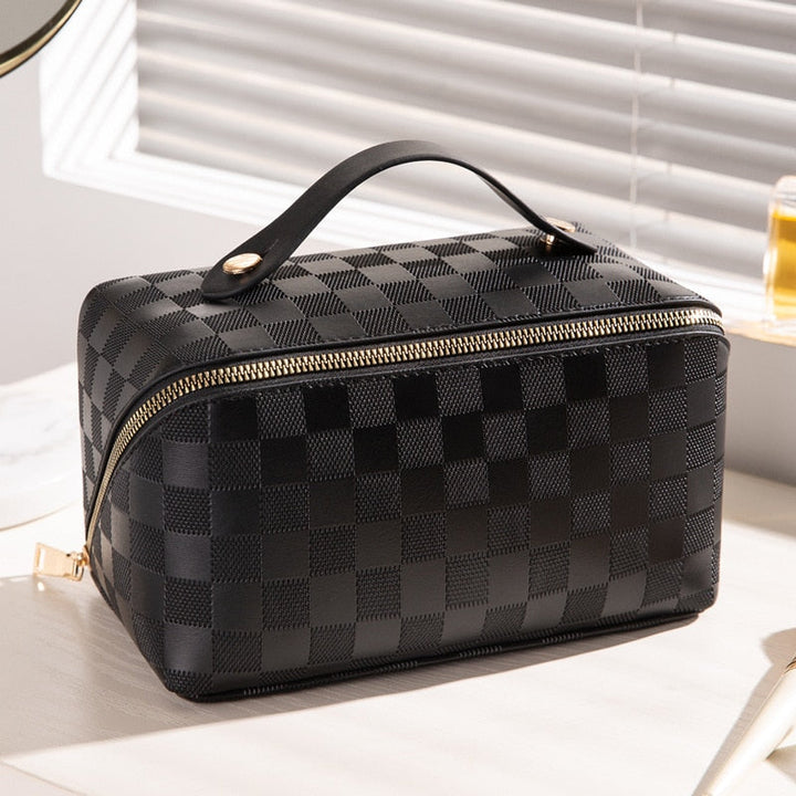 Waterproof women’s travel toiletry bag – spacious plaid design, durable materials, for beauty essentials