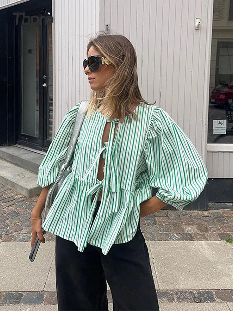 Striped Puff Sleeve Women&