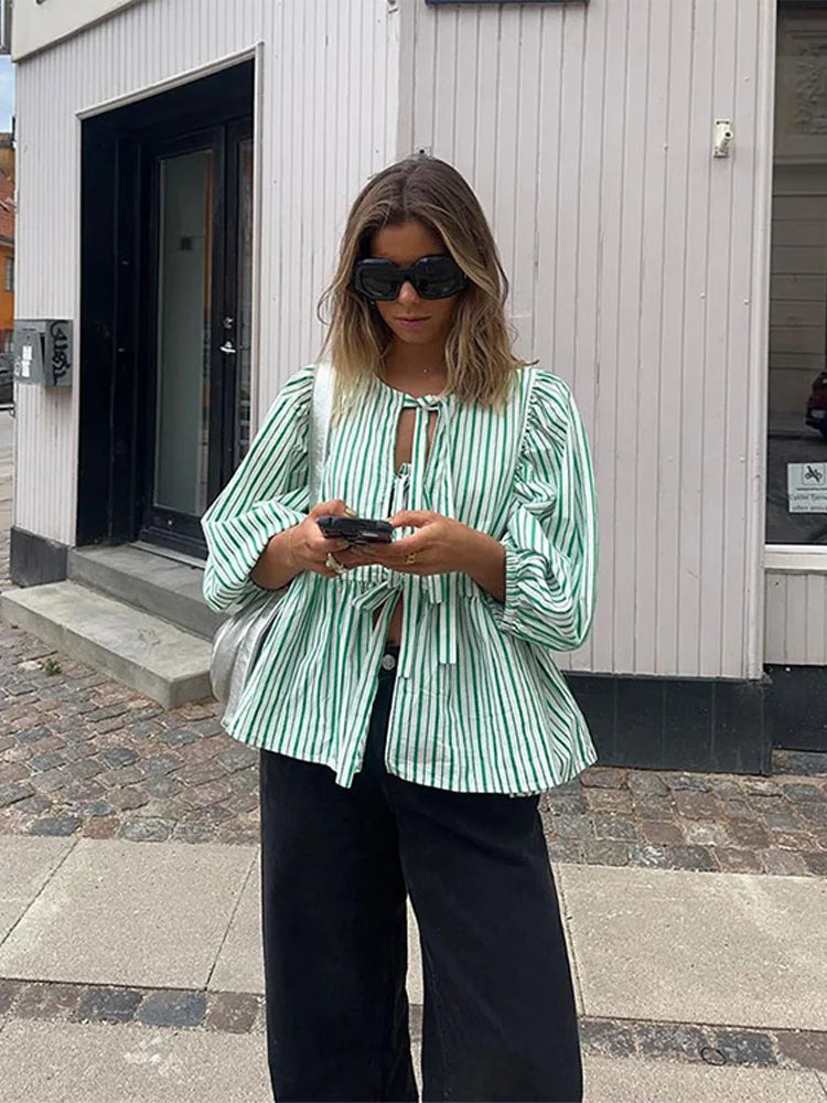 Striped Puff Sleeve Women&