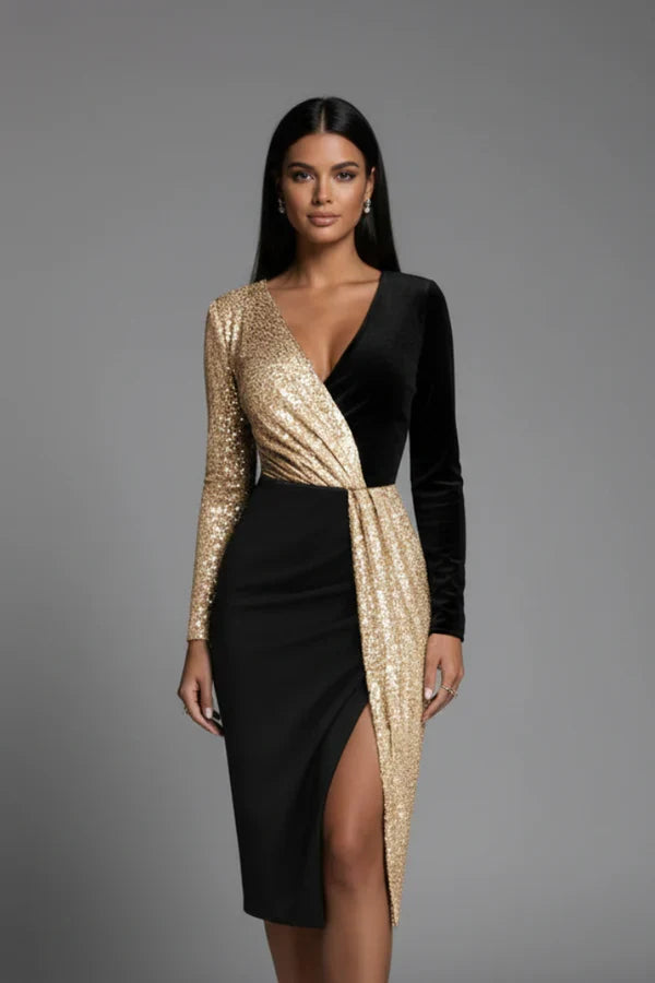 Fitted Flattering Women’s Dress - V-Neck Wrap-Waist, Sequined Panel, Eveningwear
