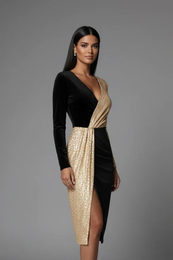 Fitted Flattering Women’s Dress - V-Neck Wrap-Waist, Sequined Panel, Eveningwear
