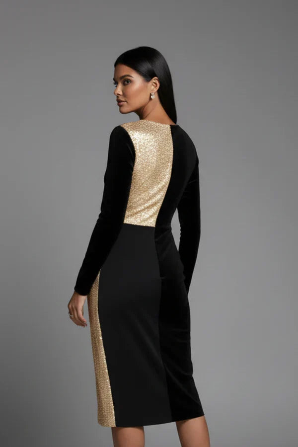 Fitted Flattering Women’s Dress - V-Neck Wrap-Waist, Sequined Panel, Eveningwear