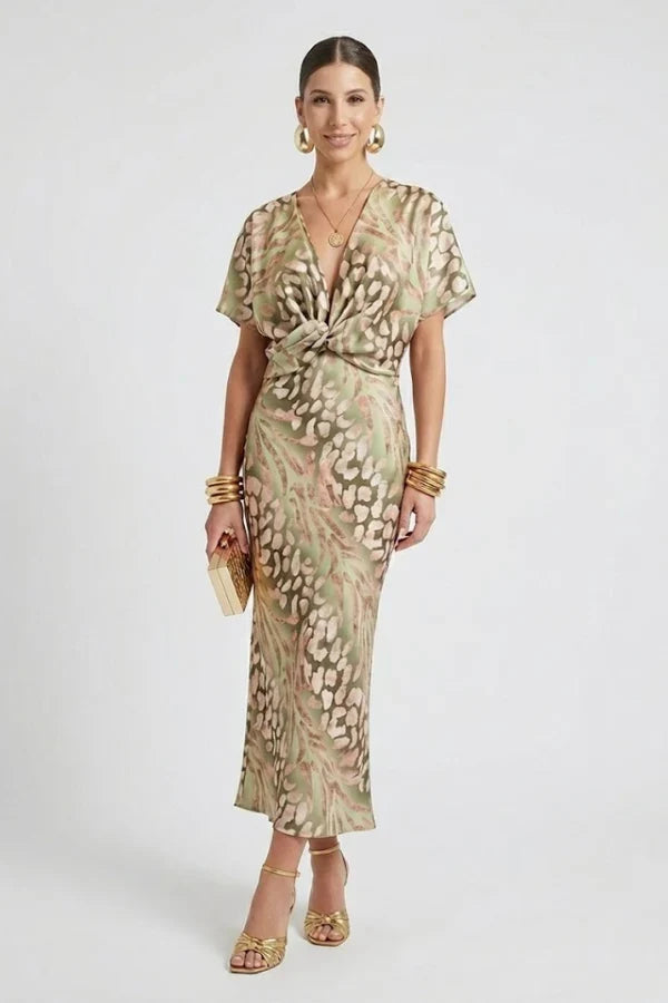Lightweight Women’s Wrap Dress - Flattering Twisted Knot V-Neck, Printed Polyester, For Party