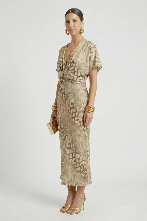 Lightweight Women’s Wrap Dress - Flattering Twisted Knot V-Neck, Printed Polyester, For Party